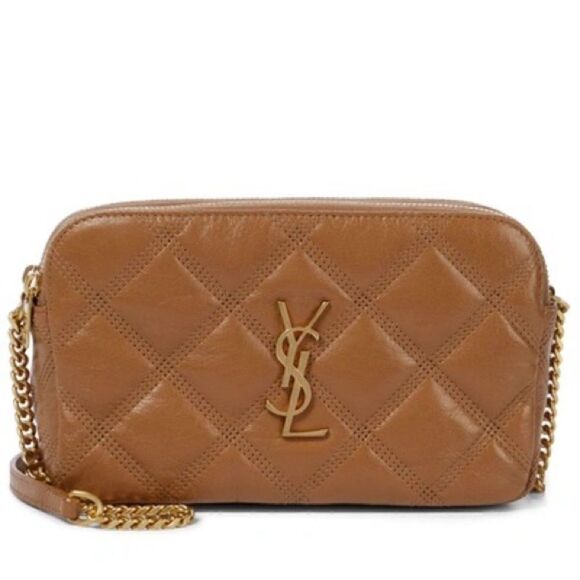 Saint Laurent Quilted Leather Becky Double Zip Camel Tan Brown Crossbody Handbag - Picture 2 of 2